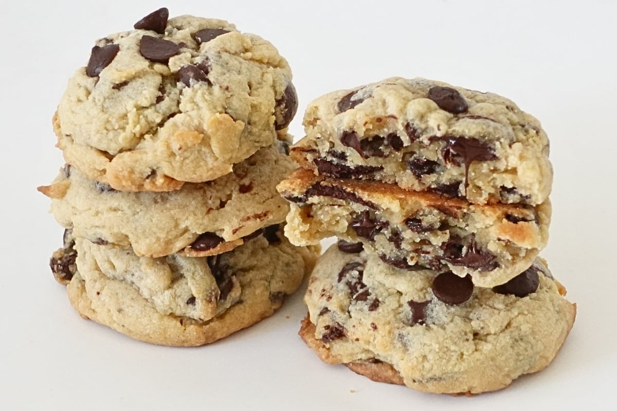 Inside view of a bakery chocolate chip cookie with soft, chewy texture