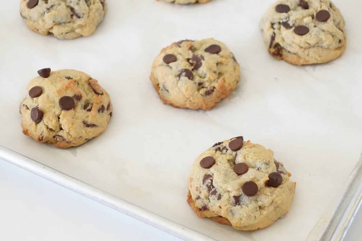 Overhead shot of bakery chocolate chip cookies on a tray
