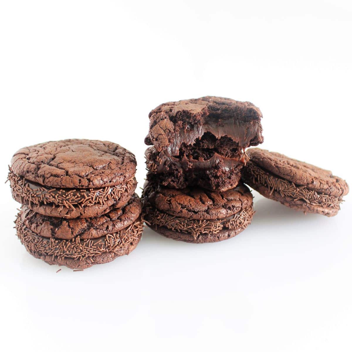 Brownie Cookie Sandwiches filled with smooth Brigadeiro chocolate filling stacked