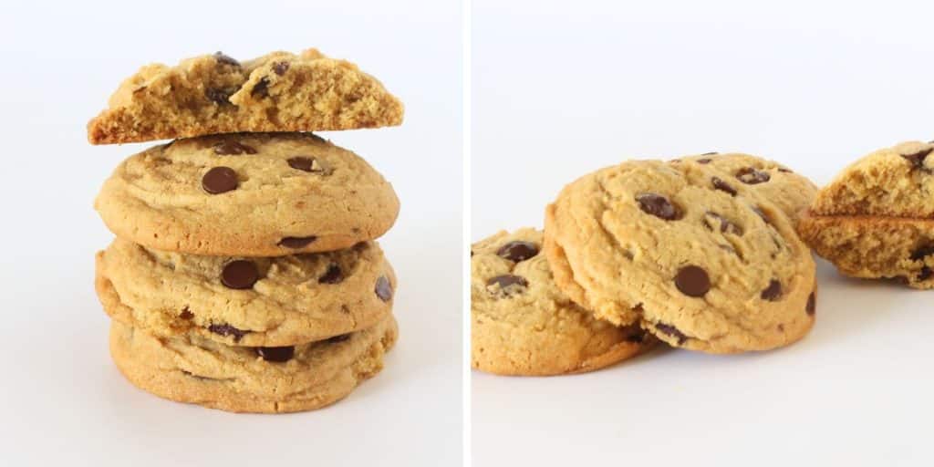 Stack of thick homemade cookies made using easy chocolate chip cookie recipe