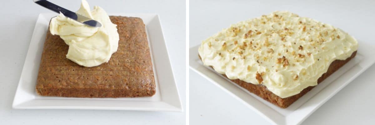 Eggless carrot cake covered with cream cheese frosting and sprinkled with chopped walnuts