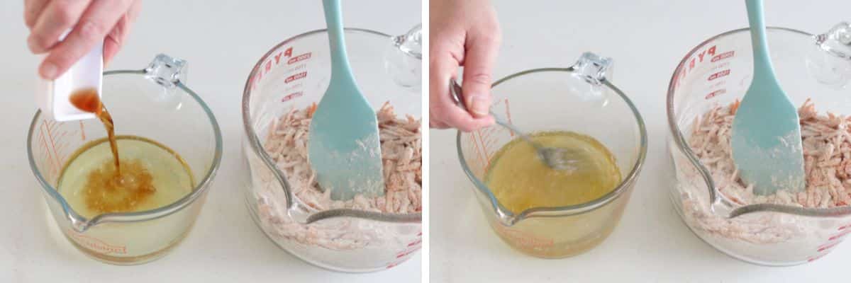 Mixing wet and dry ingredients together for eggless carrot cake batter