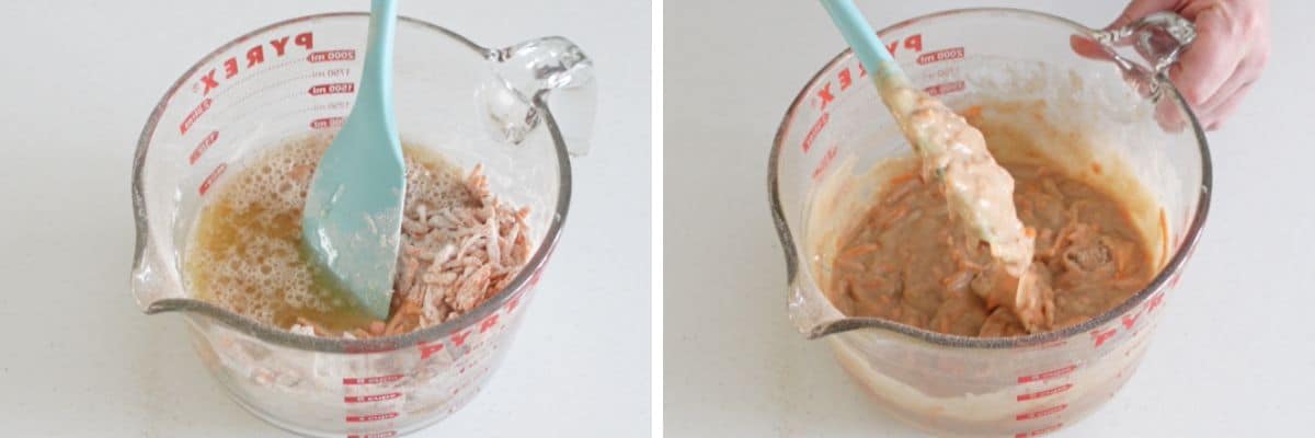 making carrot cake adding wet ingredients to dry ingredients