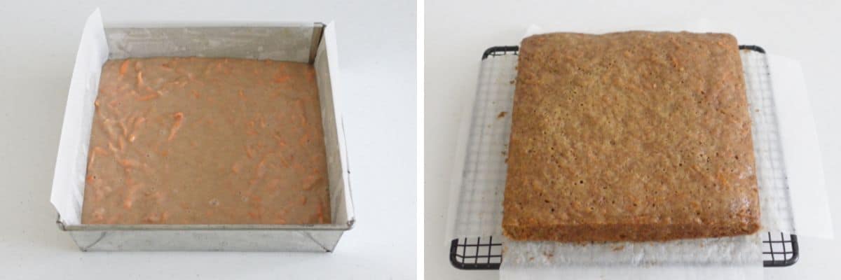 Unbaked and freshly baked eggless carrot cake cooling on a wire rack