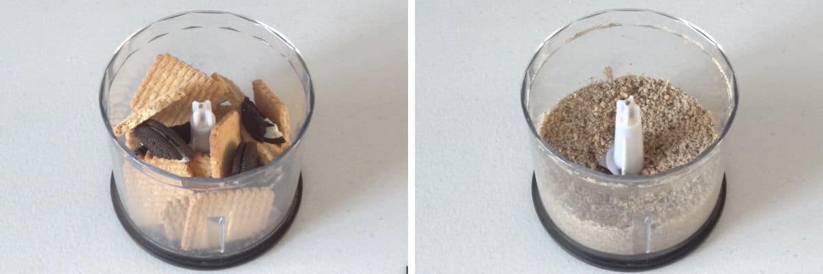 Crushed biscuits mixed with melted butter in a food processor for tiramisu cheesecake base