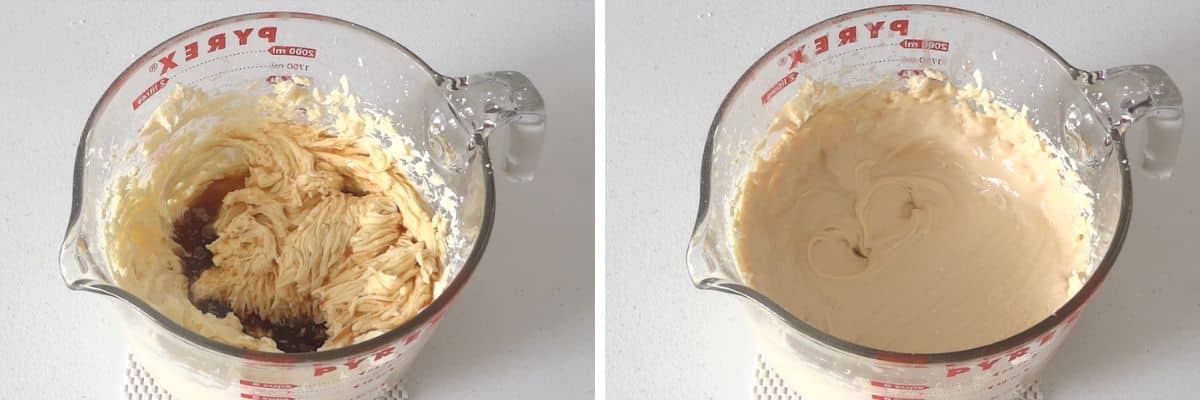 Adding warm coffee and vanilla extract to cheesecake mixture