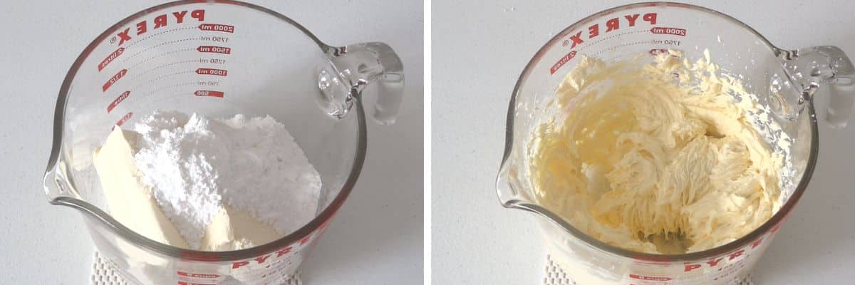 Beating cream cheese with powdered sugar until smooth for coffee cheesecake