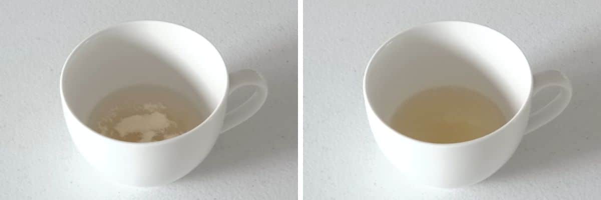 Mixing gelatine powder with boiling water to dissolve for cheesecake filling