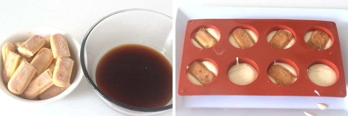 Layering coffee cheesecake filling with sponge fingers dipped in coffee