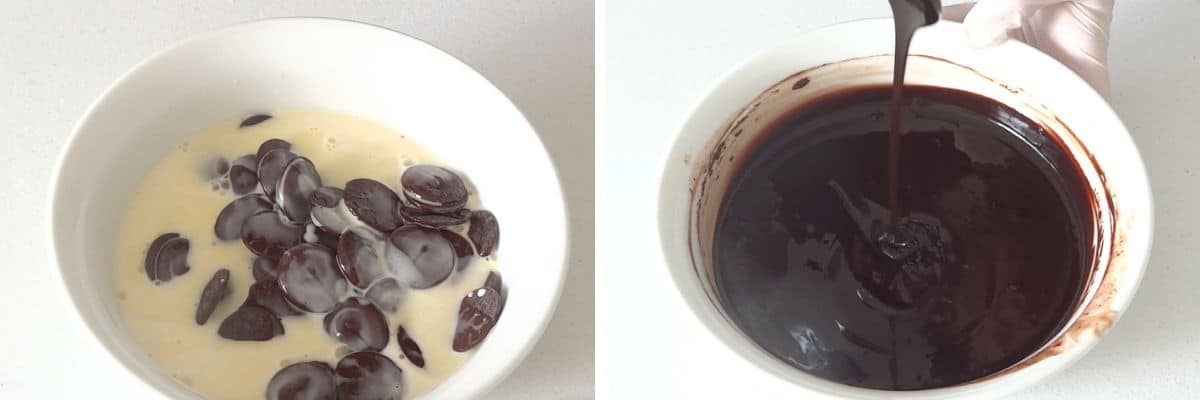 Making ganache by mixing hot cream with dark chocolate and shaping into truffle balls