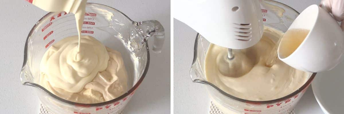 Pouring whipping cream and gelatin and beating cheesecake filling until light and fluffy