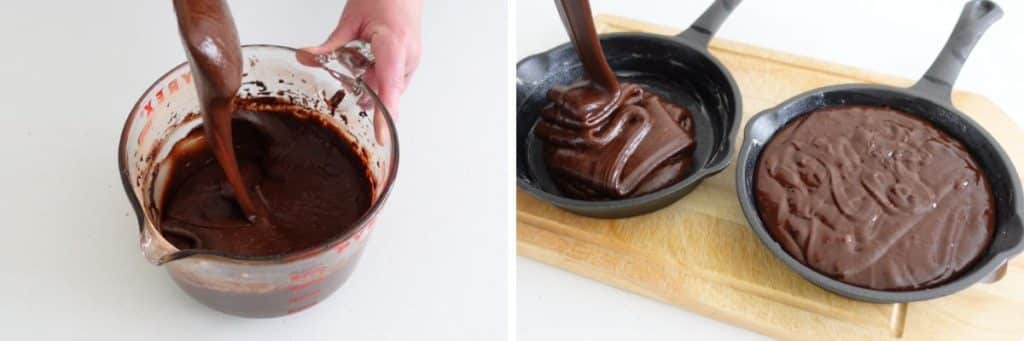 pouring brownie batter into prepared cast iron skillet