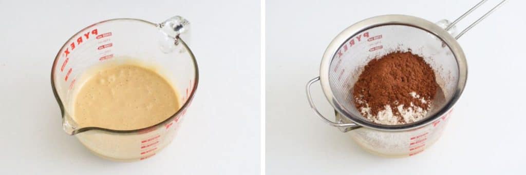 sifting flour and cocoa whipped eggs and sugar