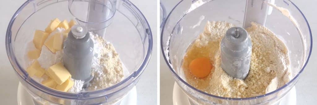 Mixing flour, almond meal, icing sugar, butter, and egg in a food processor to make sweet shortcrust pastry dough (pâte sablée)