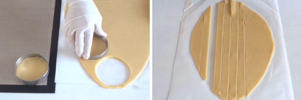 Cutting tart bases and side strips from rolled pastry using pastry rings and a ruler