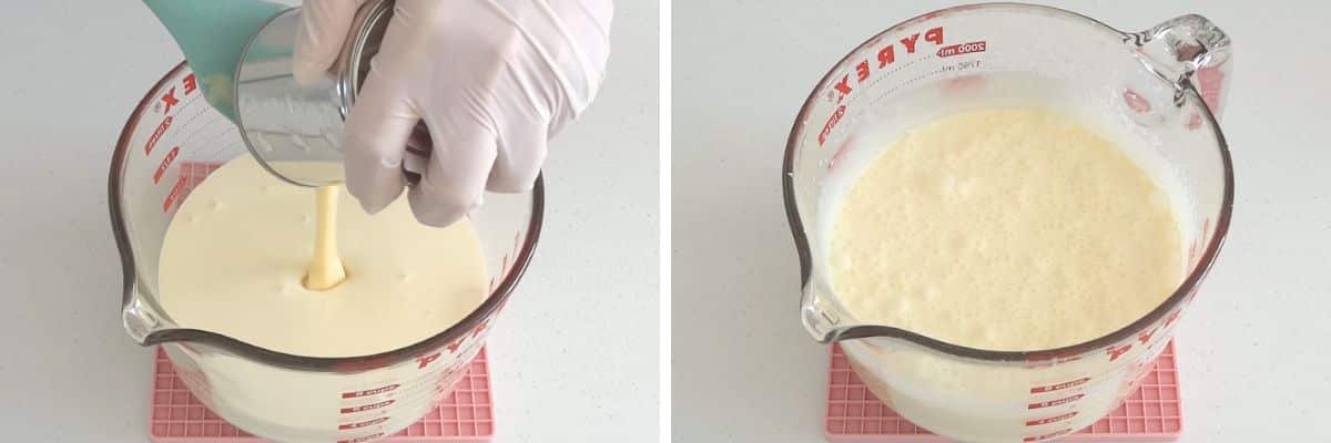 mixing cream and condensed milk in a bowl with a hand mixer