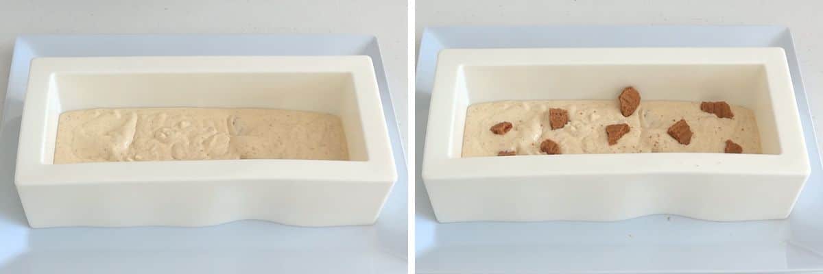 layering the Biscoff ice cream mixture in a silicone log mold with extra cookie pieces