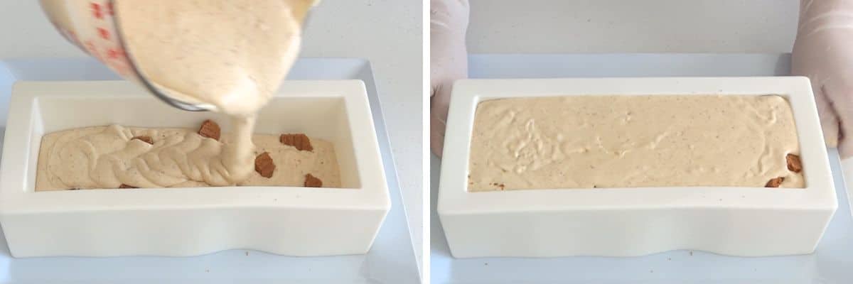 Adding the final layer to the Biscoff ice cream mixture in a silicone log mold