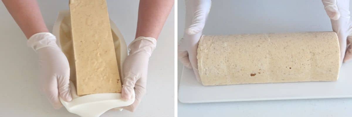 unmolding the frozen Biscoff ice cream log from the silicone mold