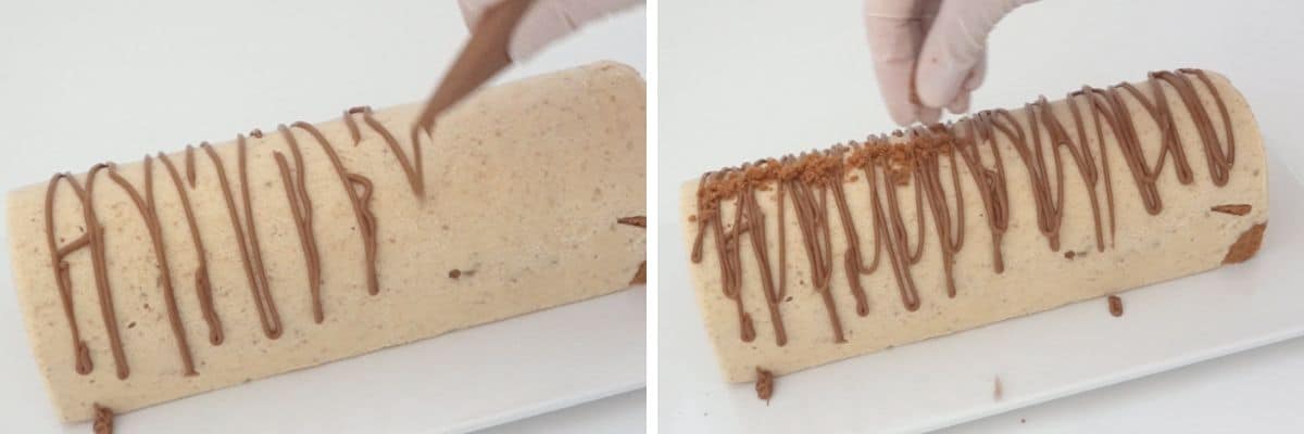 unmolded Biscoff ice cream log topped with cookie butter drizzle and crushed cookies