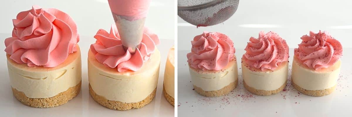 Piping pink whipped cream onto chilled mini coconut cheesecakes