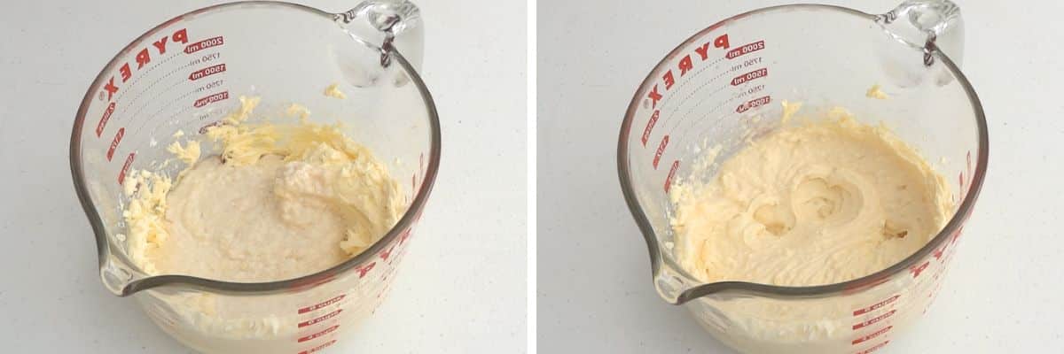 Creamy cheesecake filling with Raffaello being mixed in a glass bowl