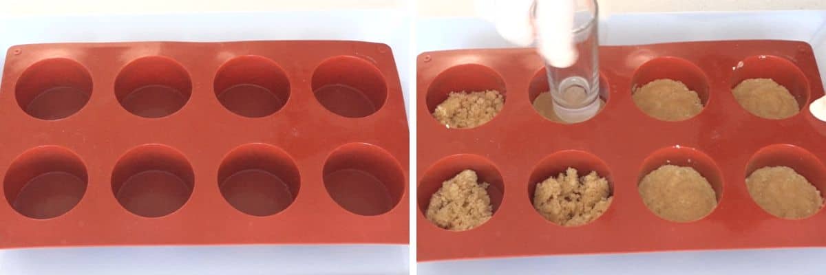 Crushed biscuit base pressed into cupcake tray for mini cheesecakes
