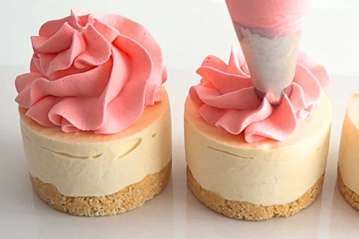 Close-up of a mini coconut cheesecake with pink whipped cream and coconut topping