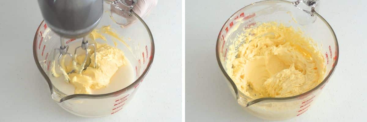 Beating cream cheese frosting until smooth and fluffy