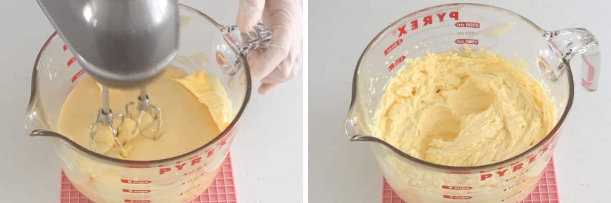 Adding sweetened condensed milk to whipped butter and mixing until smooth