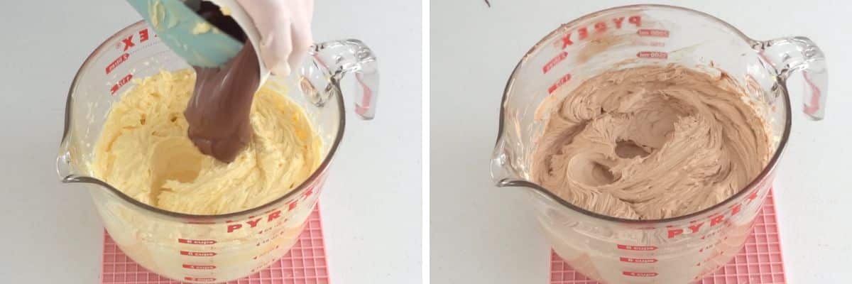 Mixing Nutella into the buttercream until it becomes smooth and evenly colored