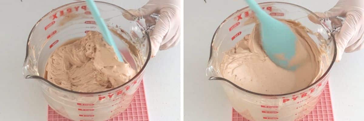 Finished Nutella buttercream in a mixing bowl with a smooth, creamy texture