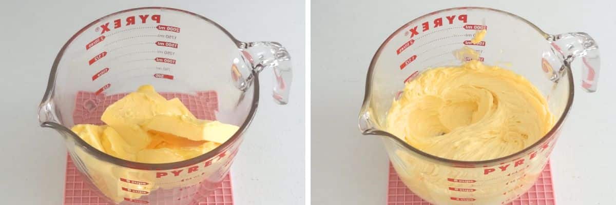 Whipping unsalted butter in a glass mixing bowl until light and creamy