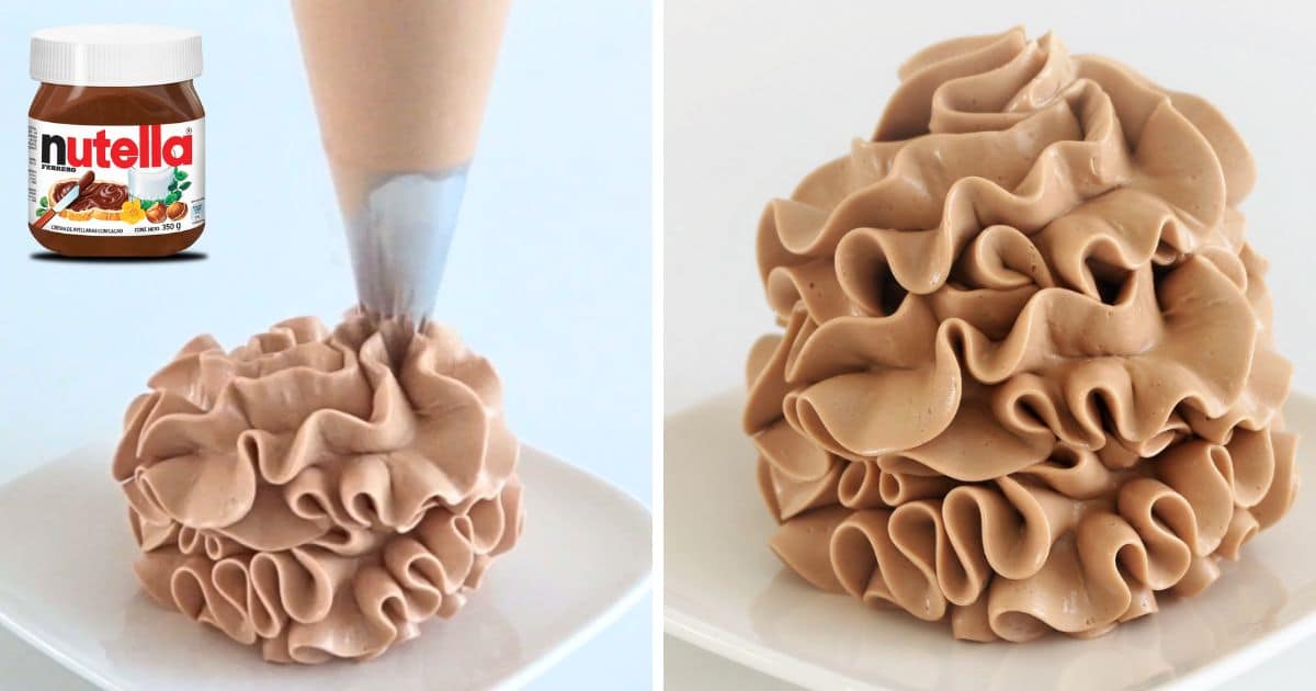 Nutella buttercream piped in tall ruffled swirls with a piping bag and a jar of Nutella