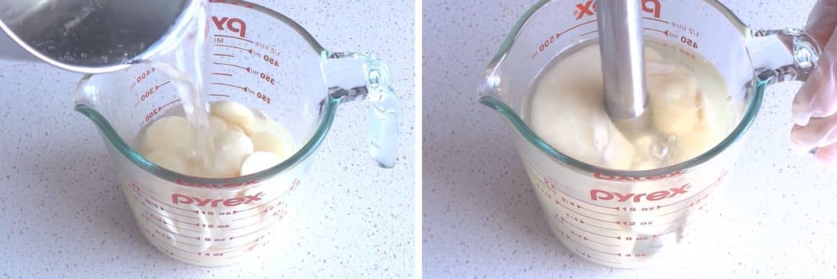 Hot syrup poured over white chocolate and condensed milk for glaze