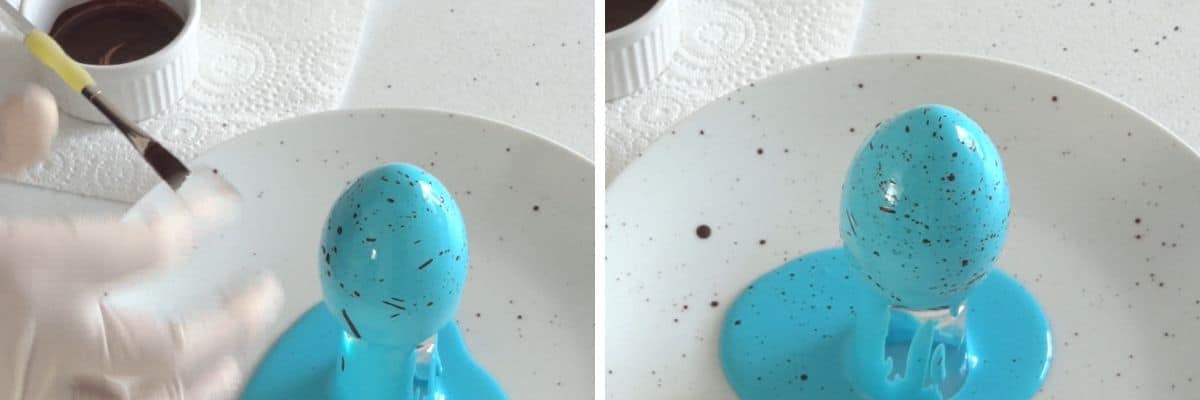 Flicking cocoa speckles onto blue mirror glaze cheesecake