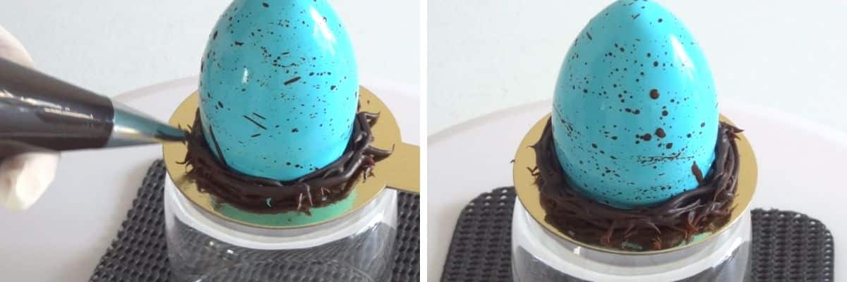Piping chocolate ganache around base of glazed cheesecake egg