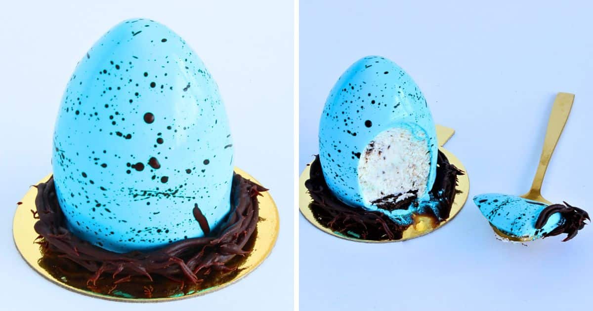 Finished Speckled Robin's Egg Cheesecake with mirror glaze and chocolate nest