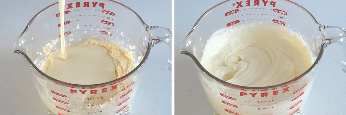 Pouring heavy cream into cheesecake mixture before whipping