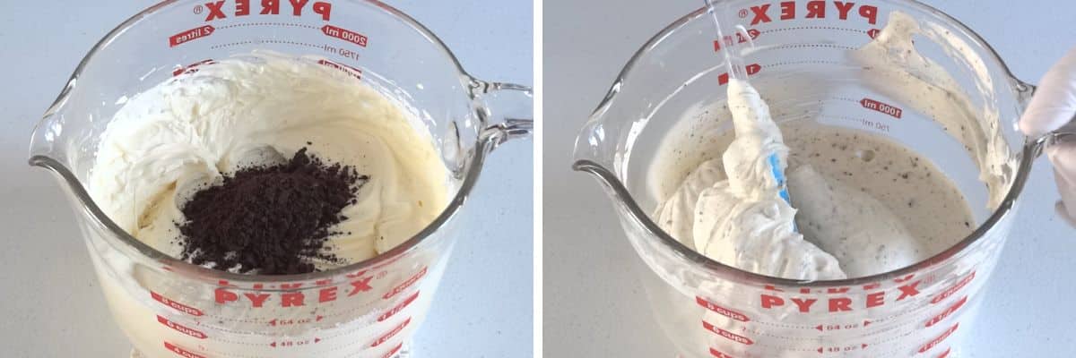 Crushed Oreo cookies folded into cheesecake filling