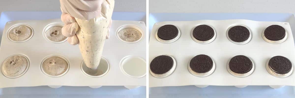 Piping Oreo cheesecake filling into silicone egg molds