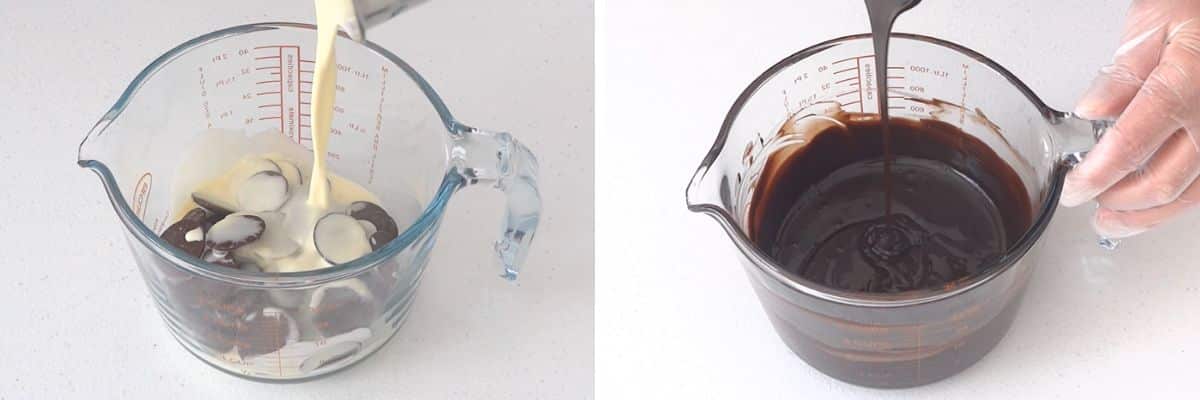 Pouring hot cream over dark chocolate to make ganache