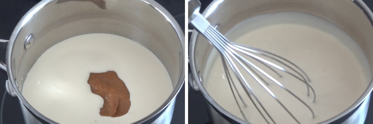 Step-by-step image of caramel ganache being made in a saucepan