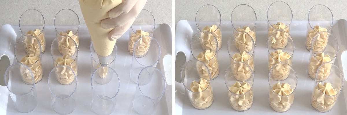 Piping caramel mousse with a 1M star tip into mini cups