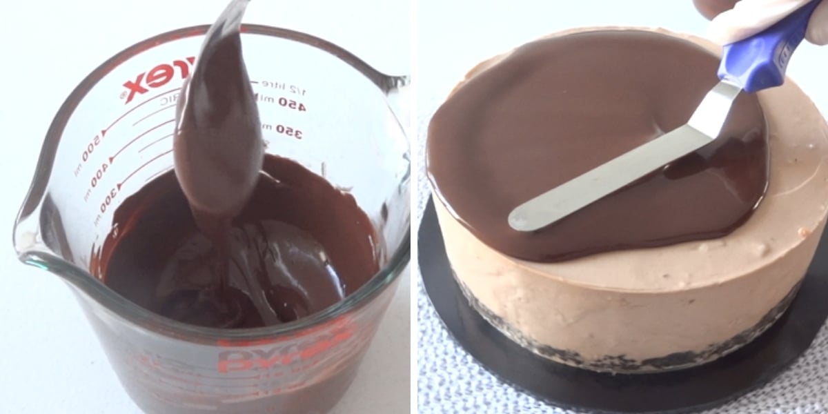 Pouring dark chocolate drip over Toblerone cheesecake