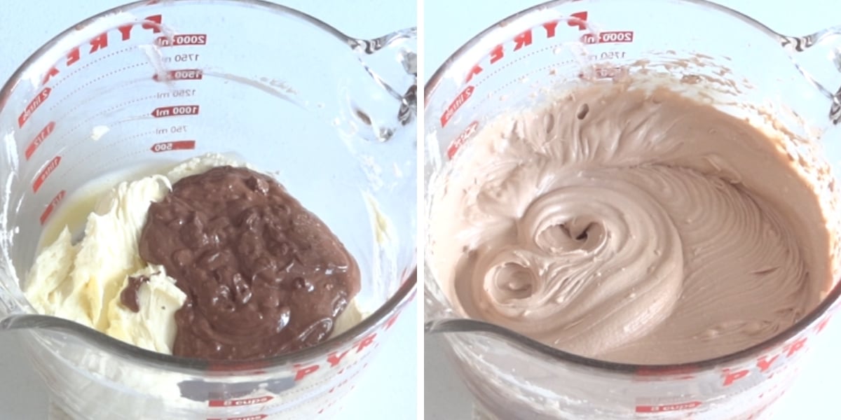Adding melted Toblerone to cream cheese mixture for Toblerone cheesecake