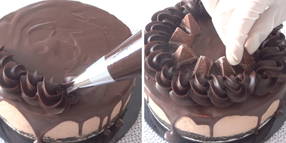 Piping ganache border and decorating Toblerone cheesecake with extra Toblerone pieces