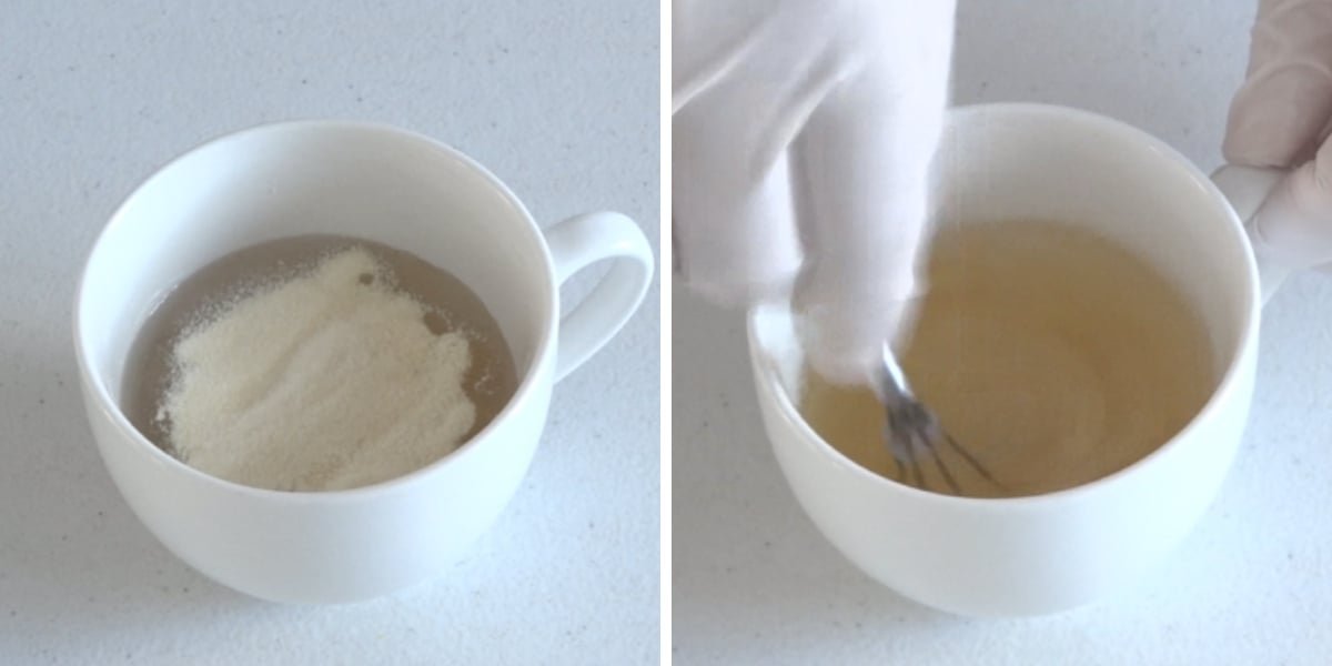 Mixing gelatine powder into hot water for Toblerone cheesecake filling