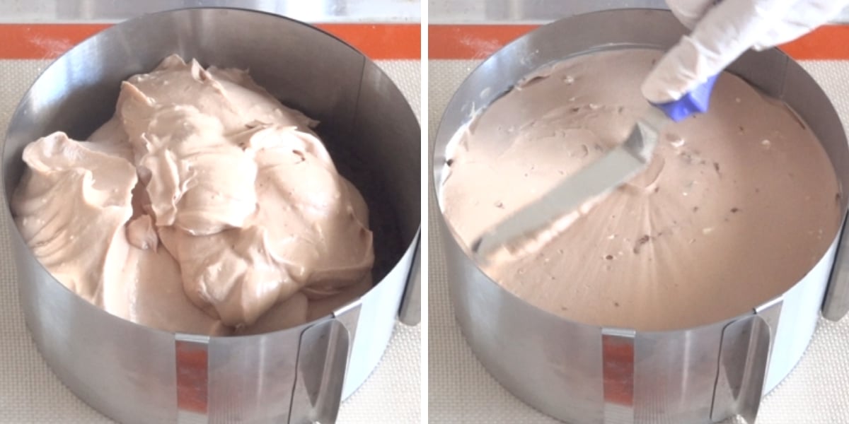 Pouring Toblerone cheesecake filling over Oreo base and smoothing the top