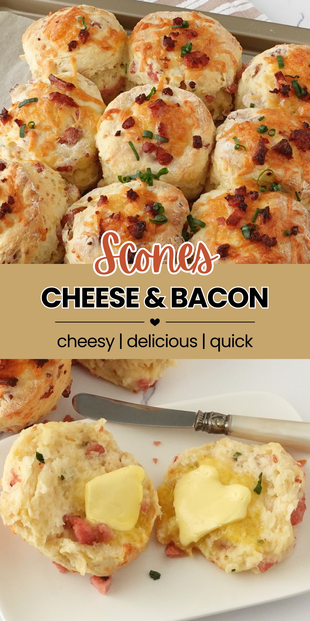 Stack of cheese and bacon scones on a plate with chives and butter